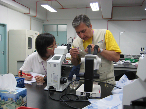 Researcher and instructor in laboratory at microscope